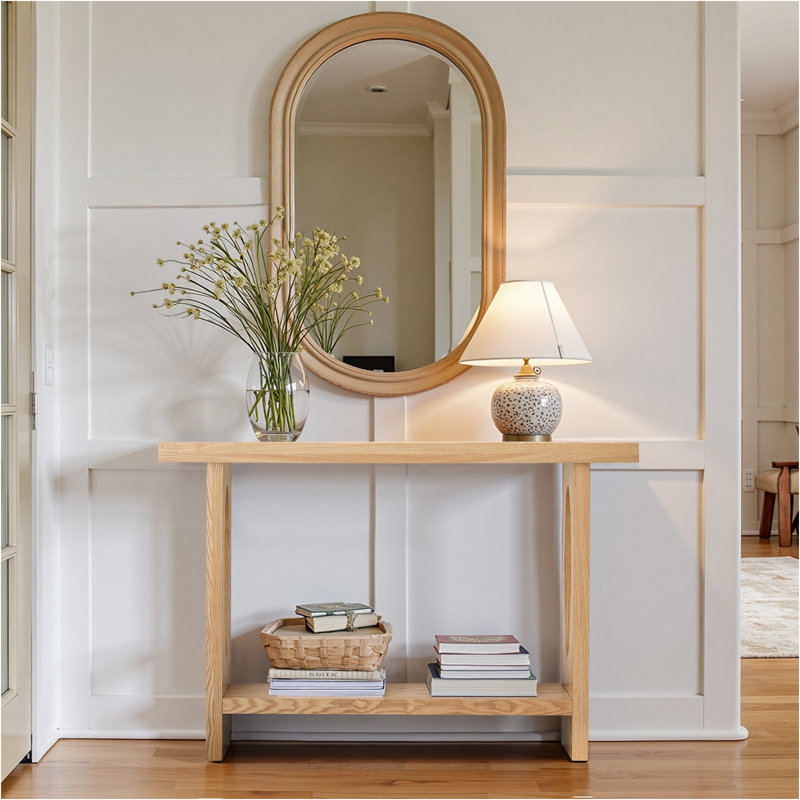 Console rectangulaire en placage de bois massif 47,2 po avec rangement ouvert, Bois de chêne