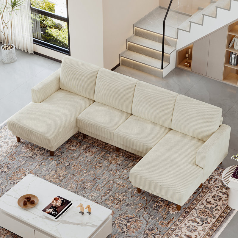4 Seater Corduroy Sofa & Chaise, Beige