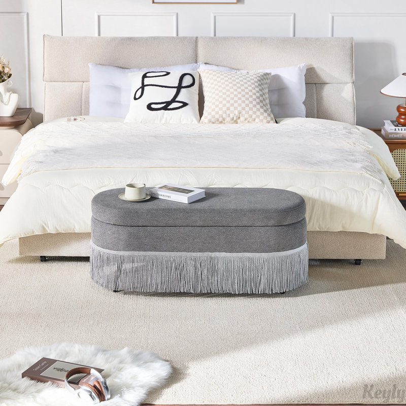 Repose-pieds ovale rembourré avec rangement à franges et couvercle relevable, Gris, Gris
