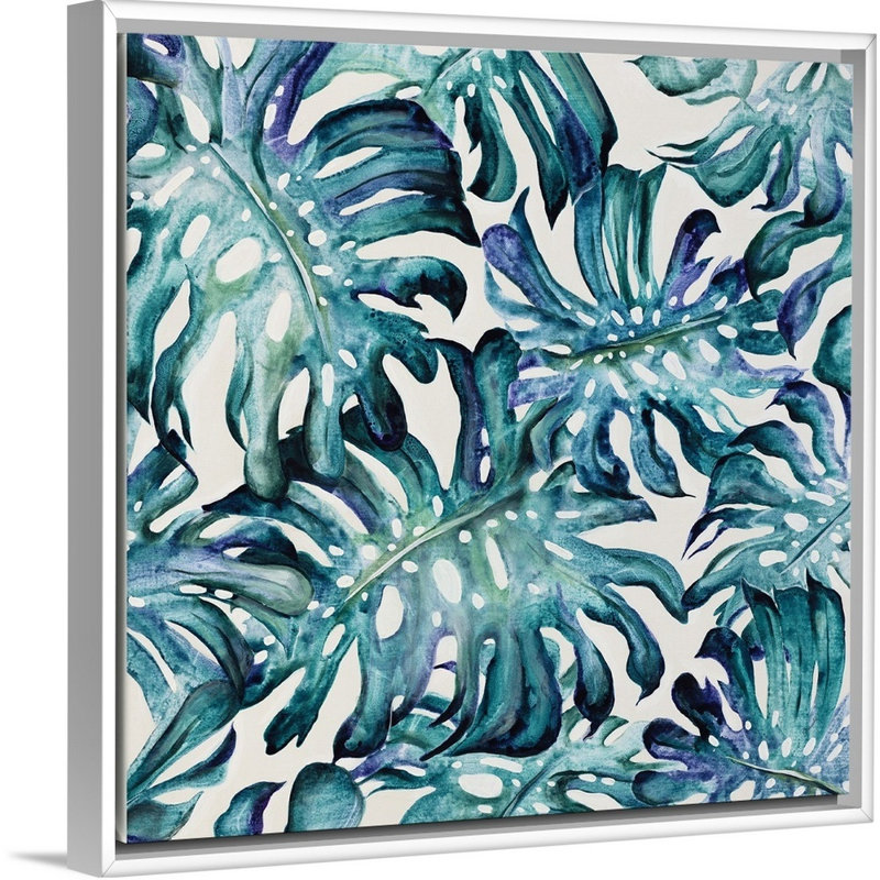 « palm leaves », peinture sur toile, H 17,7 po x l 17,7 po x p 1,75 po, Cadre flottant blanc