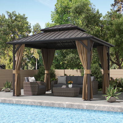  Pavillon de jardin extérieur, pavillon rigide avec toit en acier galvanisé et structure en aluminium, pavillon permanent robuste avec filet et rideaux pour patio, pelouse, terrasse