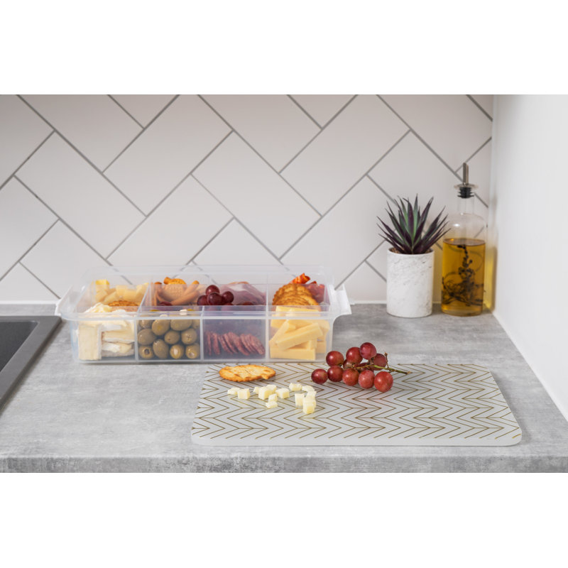 Farberware Large SnackleBox Board and Box, Portable Snack Box with 11 Snack Dividers, Patterned Rectangle Chopping Board Lid and Locking Handles