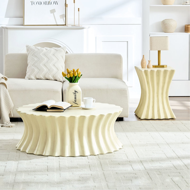 Table basse vintage beige en fibre de verre ovale 35,42 pouces pour les espaces de vie - Installation et bureau à installation rapide