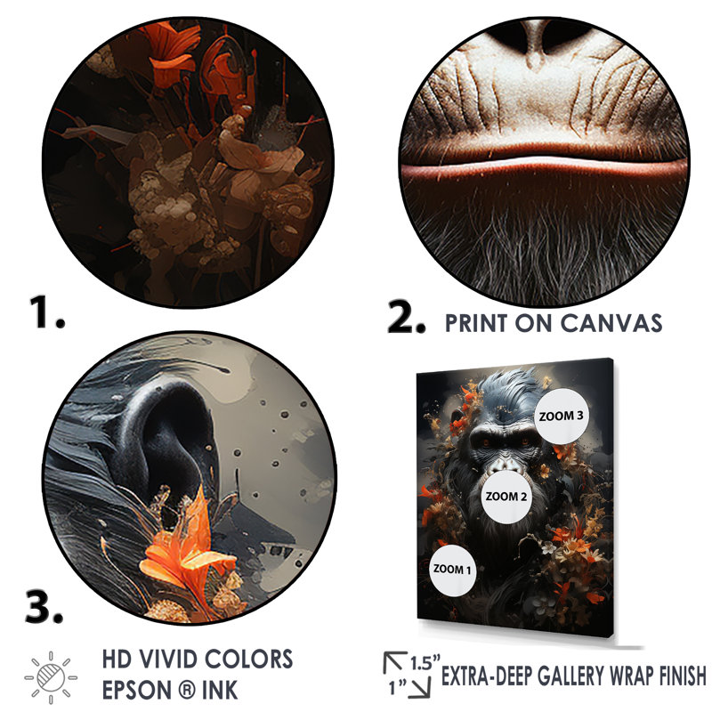 Singe noir énigme sur toile, H 40 po x l 30 po x P 1,5 po, Cadre flottant doré