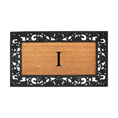 Decorah Monogrammed Heavy-Duty Black Floral Border Coir & Rubber Door Mat, 23" x 38" – Thin Profile Outdoor Entryway Welcome Mat
