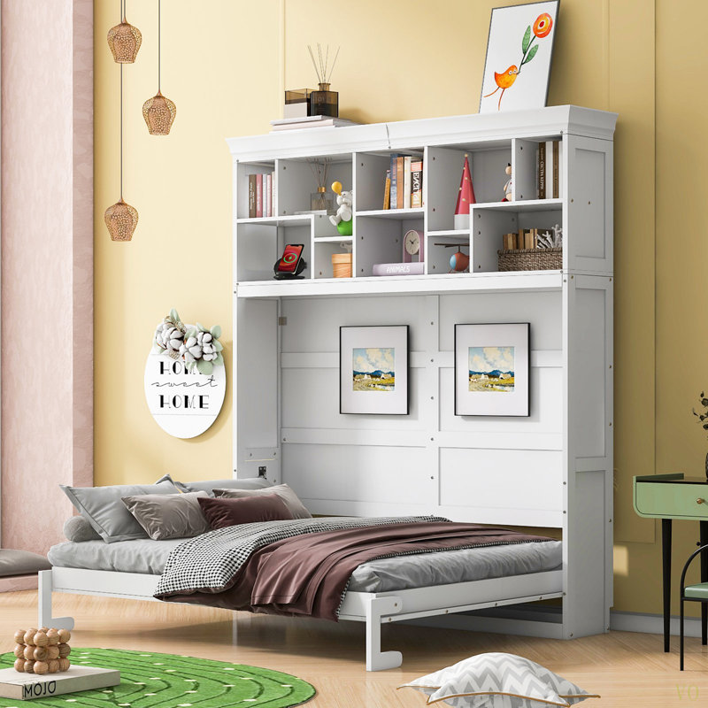 Grand lit escamotable mural avec tablettes supérieures et USB