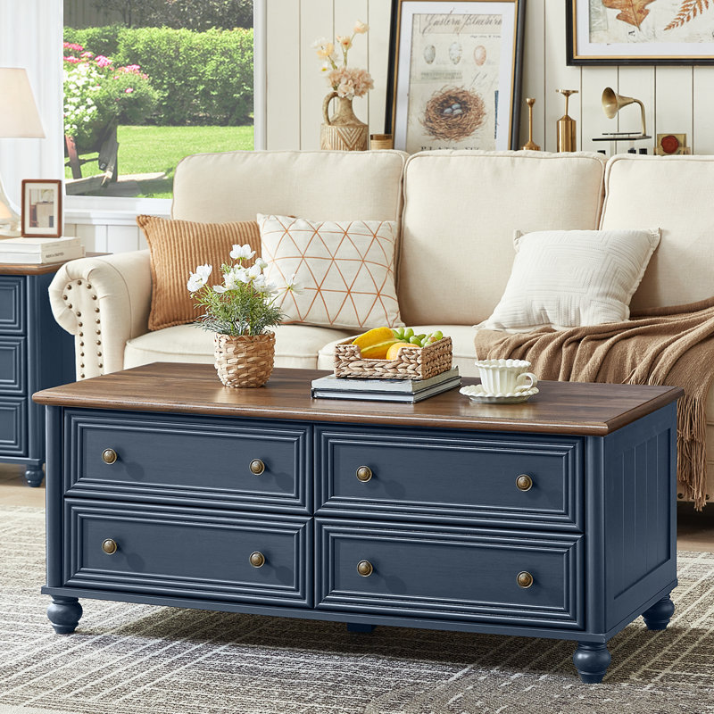 48" Farmhouse Coffee Table With Hidden Storage,Wooden Coffee Tables With 4 Drawers & Roman Column Handle,Rectangular Rustic Center Table With Solid Wood Curved Base For Living Room,Office