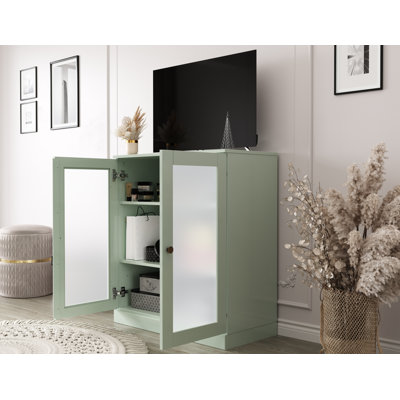 Meuble télé 100% bois massif avec portes en verre givré et tablettes réglables pour téléviseur de 32 po ou moins