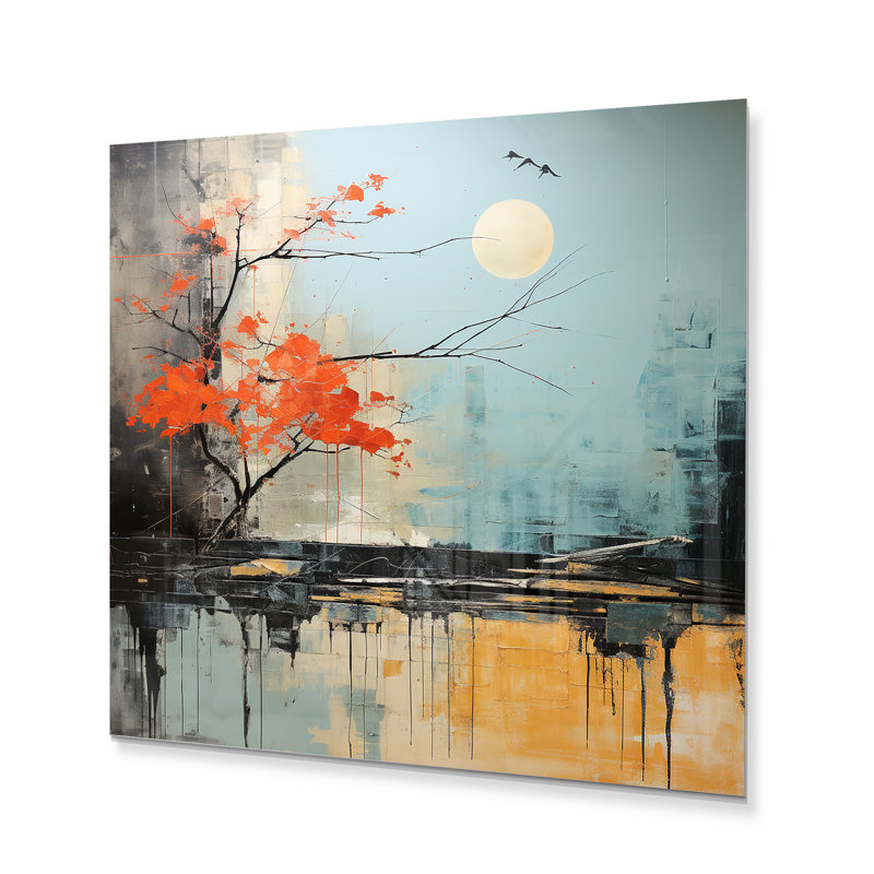 Paysage asiatique gris et gris II - impression de collages abstraits sur métal, H 16 po x l 16 po x P 1 po