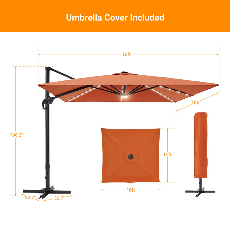 Parasol en porte-à-faux éclairé avec manivelle 120 po Deaundra, Rouge
