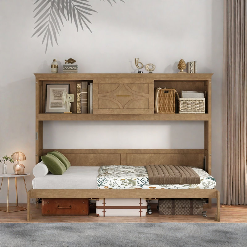 Lit escamotable avec station de charge, 2 armoires de rangement et 1 tiroir, Bois