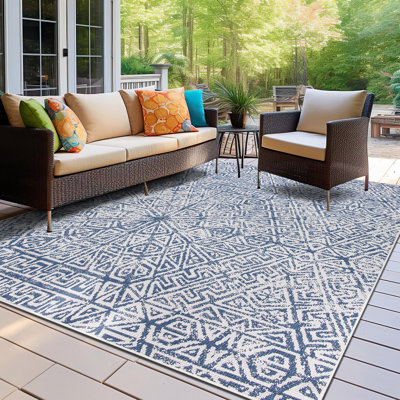 Butilone Reversible Geometric Blue/Ivory Indoor & Outdoor Area Rug