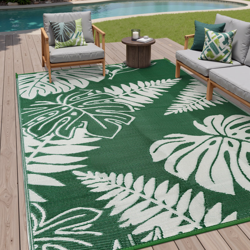 Ellie Reversible Green Leaf Outdoor Rug, Rectangle 9' x 12', Green