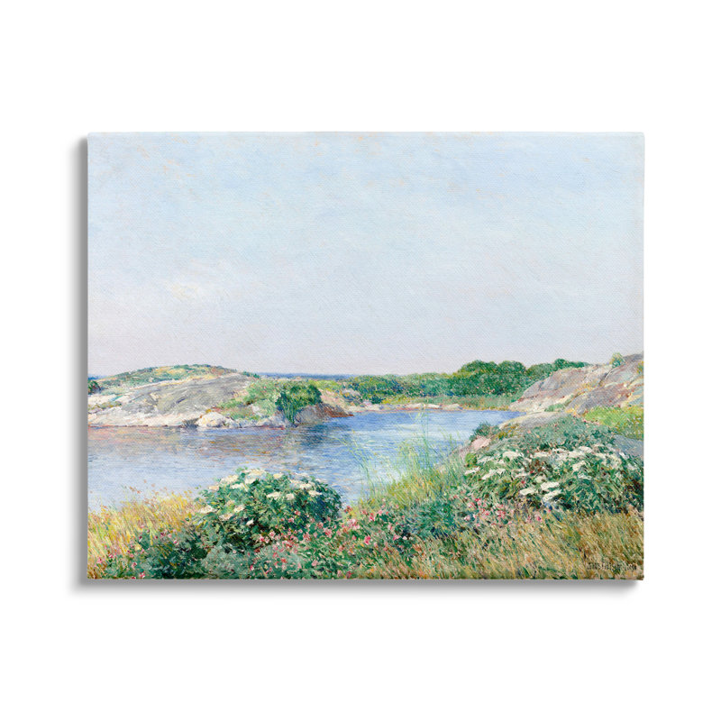 «Rocky Shore Flower Bushes Ocean Inlet Scene» par Lettré et doublé, L 48 po x H 36 po