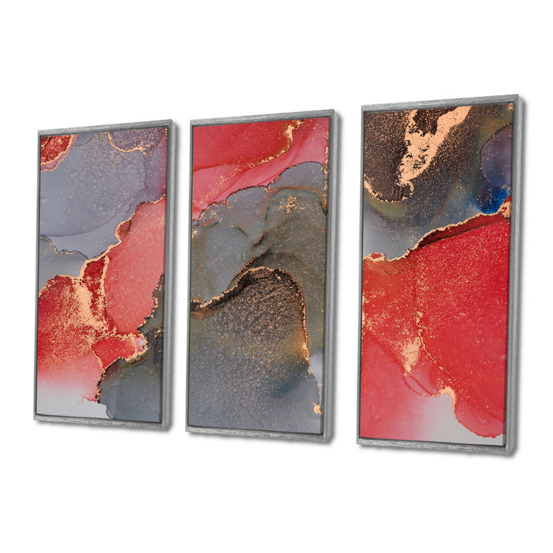 " Grey And Red Luxury Abstract Fluid Art " 3 - Pieces, 60" W x 40" H, Silver