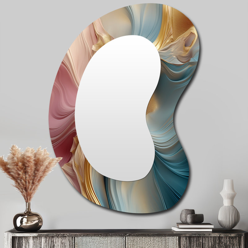 Gazel Liquid Streams Pastel Pink Blue Gold - Waves Asymmetrical Unique Wall Mirror Decor, Gold Unique Shape Large Mirror, Printed Metal Art