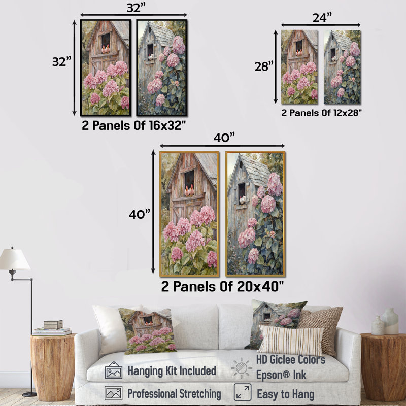 Hortensias et poulets dans la cour I - Impression sur toile florale 2 panneaux, H 32 po x l 33 po, Toile tendue
