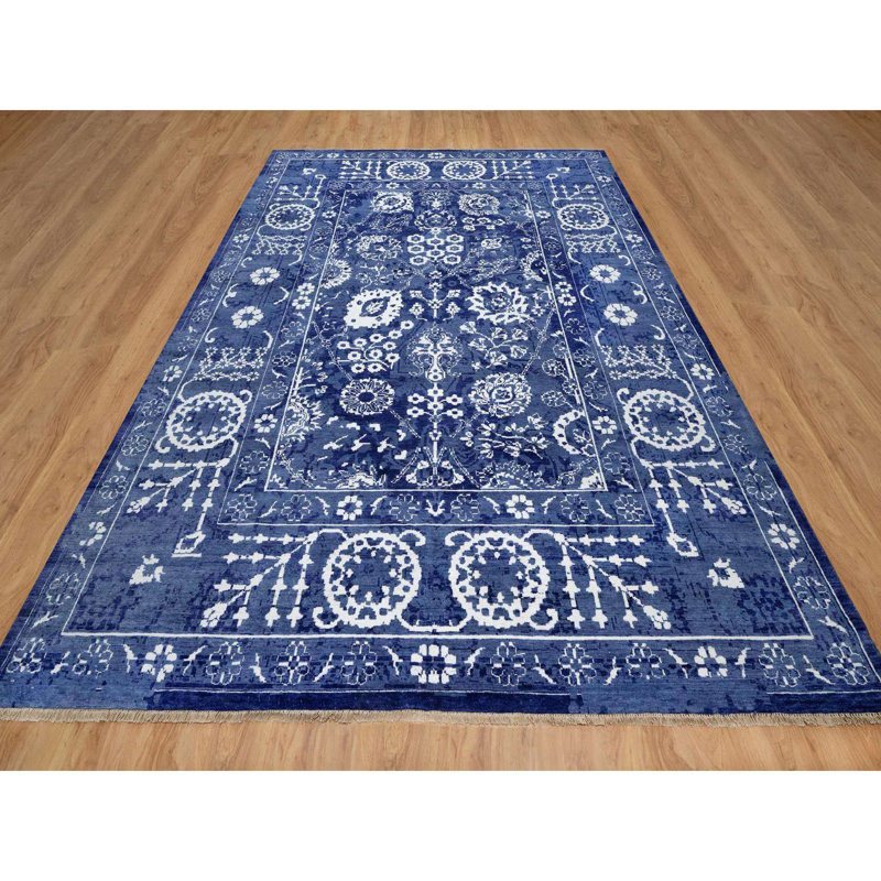 Tapis oriental 9 pi x 12 pi 3 po bleu, Tabriz avec motifs de feuilles, noué à la main, ton sur ton, laine et soie, tapis oriental