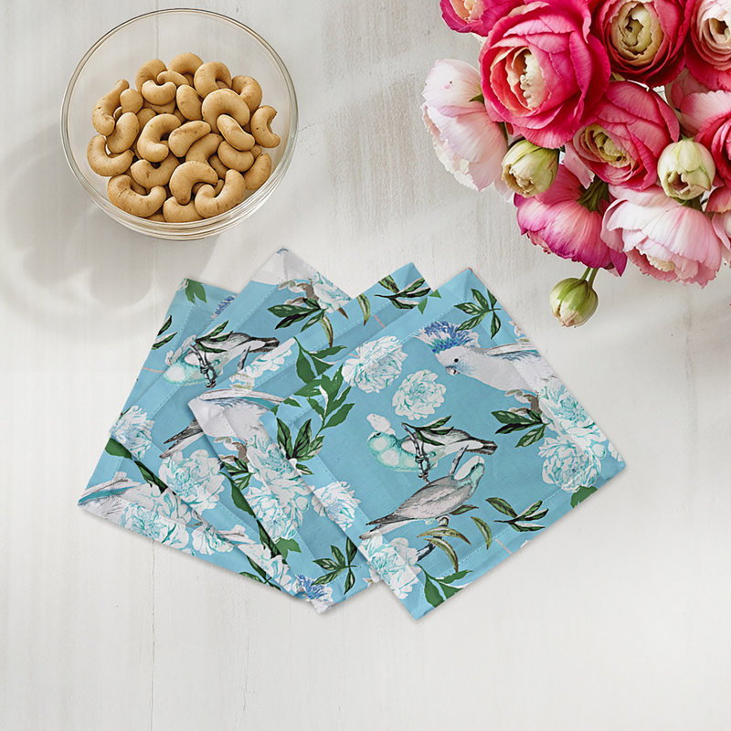 Peony Inspira Cotton Sateen Cocktail Napkins, Azur