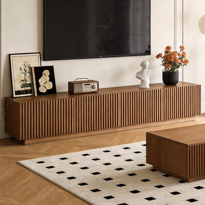 TV Media Unit with Cable Management, 220cm Wide in Walnut Finish, Multi-Shelf Storage Design
