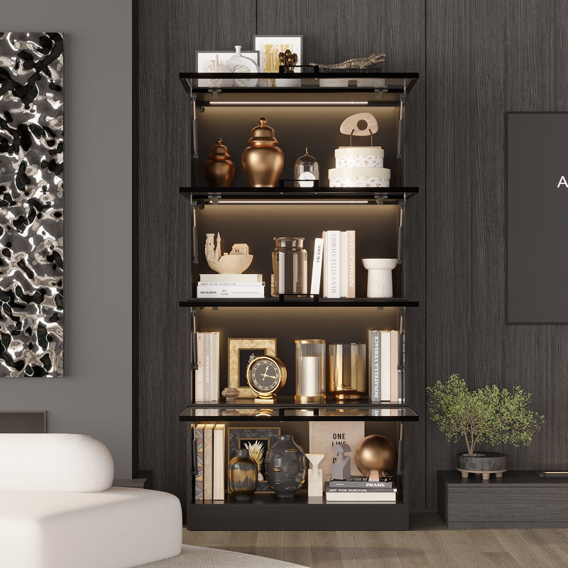 Sleek Glass Bookshelf And China Cabinet With Hydraulic Rod And Tempered Glass - 63" X 31.5" X 15.7", Black