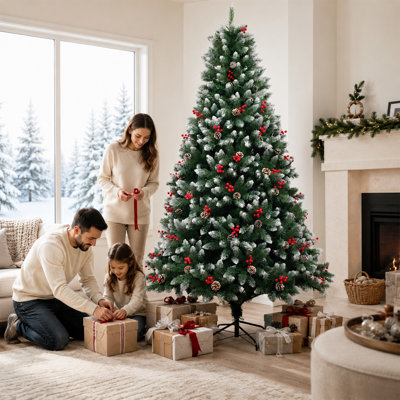 Sapin de Noël artificiel pré-illuminé, floqué et enneigé, avec lumières DEL bicolores, 8 modes d'éclairage, pommes de pin et baies rouges, extrémités de branches articulées en PE et PVC, support métallique pliable, décoration de Noël intérieure