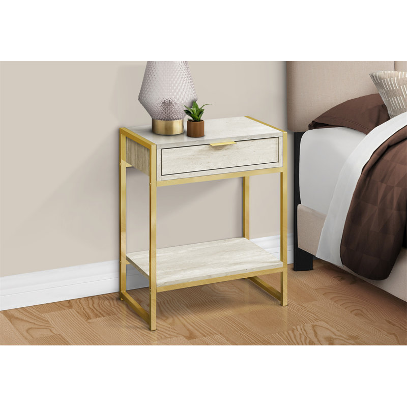 Beige Marble and Gold Rectangular End Table with Storage