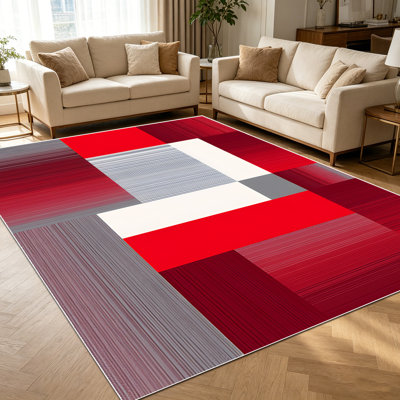 Tapis à motifs géométriques abstraits et modernes à motif géométrique à rayures géométriques rouges de 1 pièce pour le salon, doux et confortable, convenant à toutes les saisons, facile à entretenir et lavable à la machine