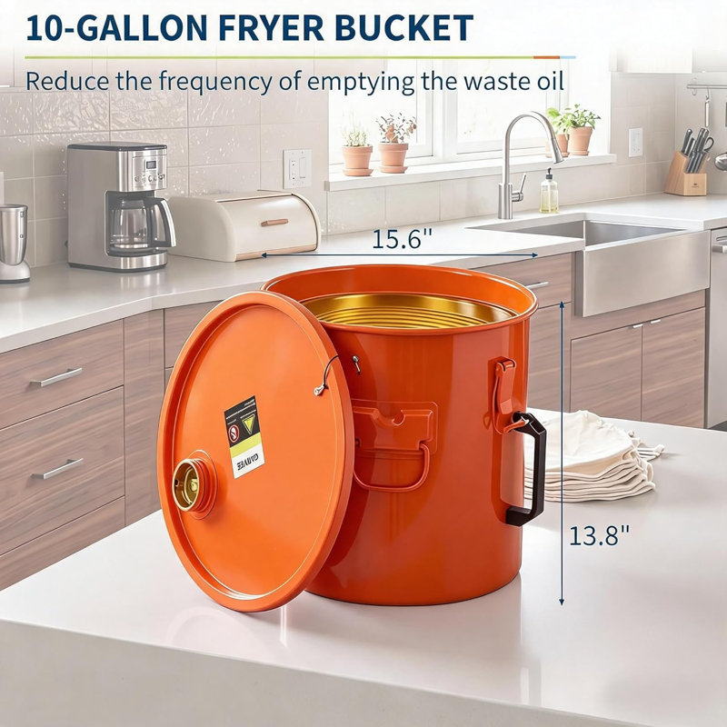 10-Gallon Fryer Grease Bucket with Top Pour Opening, High-Temp Oil Storage Caddy with Sealing Ring, Filter Bag & Dual Handles, Orange
