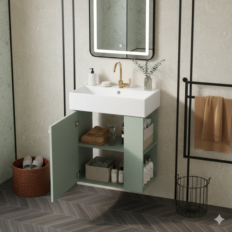 Meuble-lavabo flottant moderne de 21,6 po avec lavabo en céramique - idéal pour les petites salles de bain, rangement sur le côté droit