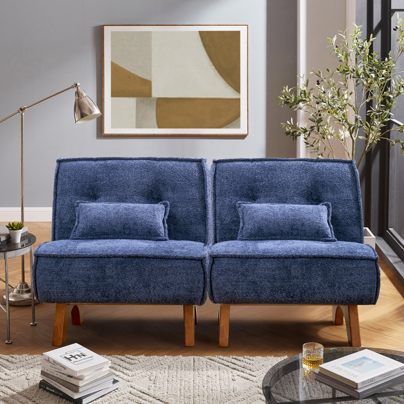 Kayala Armless Modular Upholstered Accent Lounge Chair with Pillow (Set of 2), Blue Boucle