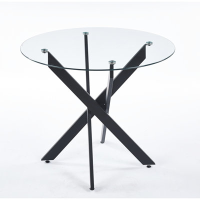 Table de salle à manger noire moderne avec pieds croisés en métal et verre trempé, 41,02 lb, surface en verre lisse et stable, largeur de 34,9 po, réglable pour la cuisine