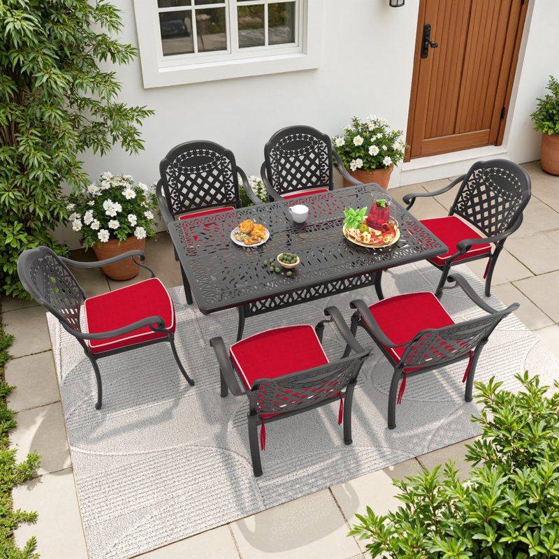  Ensemble repas de patio avec table rectangulaire, coussins rouges inclus, 6