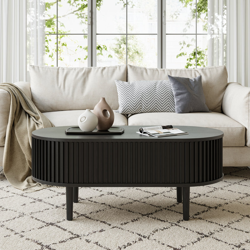 43.4'' Oval Coffee Table With Hidden Storage, Fluted Accent Center Table With Tambour Sliding Doors, Black