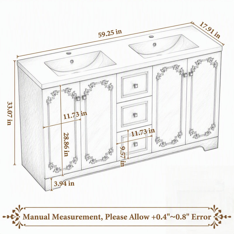 Armoire de salle de bain sculptée de style français avec rangement abondant, 4 portes à fermeture douce et 3 tiroirs, Black