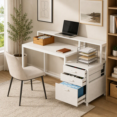 Ergonomic Two-tier Tabletop Computer Desk with Spacious Monitor Stand and File Cabinet for Enhanced Productivity
