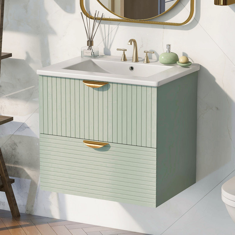 Meuble-lavabo mural moderne de 2 pouces avec 2 tiroirs - idéal pour les petites salles de bain, Vert