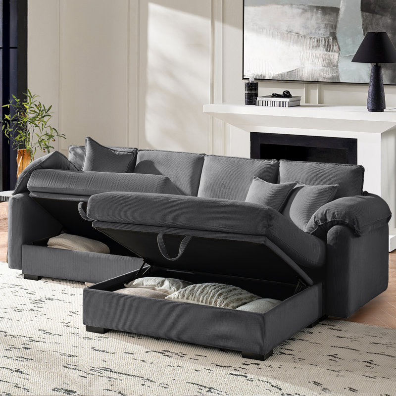 Brandee 104"W 2 - Piece Reversible Corduroy Sectional Sofa Chaise with Storage, Charcoal