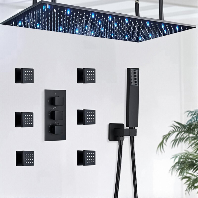 Mattle Black LED Rainfall Shower System with 6 Body Jets, High-Pressure Handheld Shower Head & Thermostatic Mixer Valve