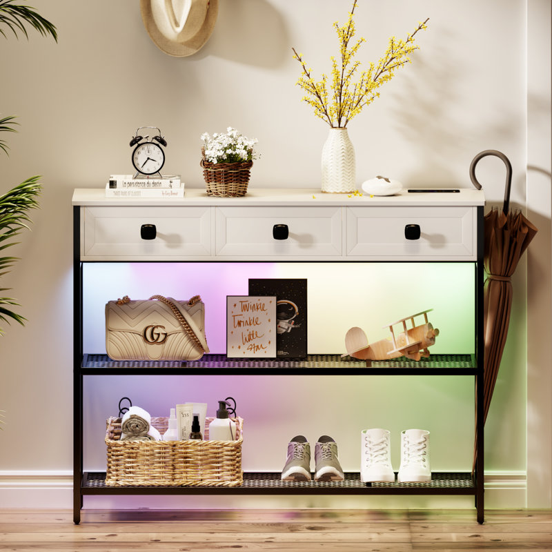 Jasvindir 3 Drawer Console Table with Charging Station and RGB Lights, White