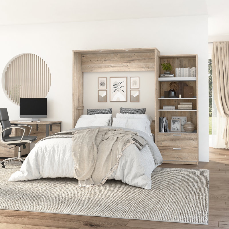 Lit escamotable avec rangement pour garde-robe Osterman, Double, Brun rustique / Blanc