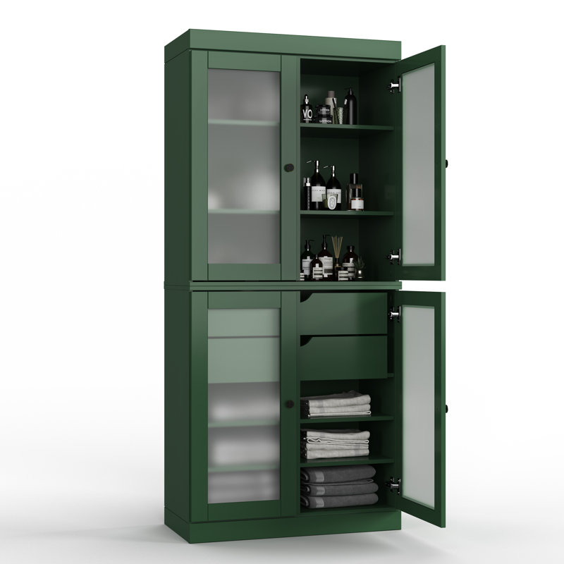 Armoire de rangement autoportante en bois massif l 32 po x H 71,5 po avec portes en verre givré, 2 tiroirs et tablettes réglables - Organisateur de salle de bain moderne