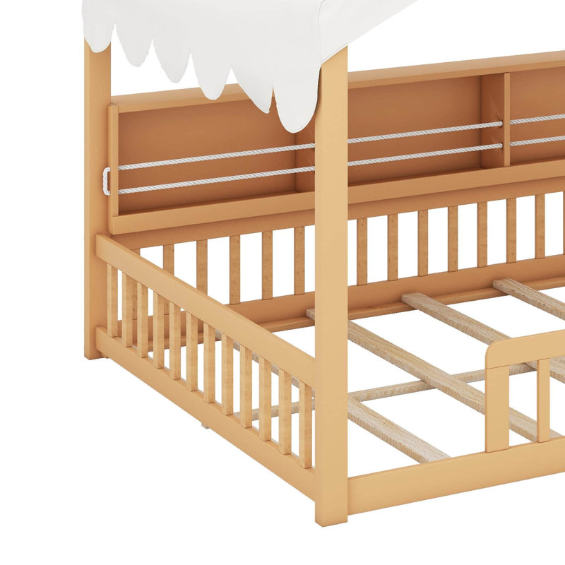 Full Size Wooden Floor Bed With Fense,3 Storage Bookshelves,Curtain And LED Light, Natural/Beige