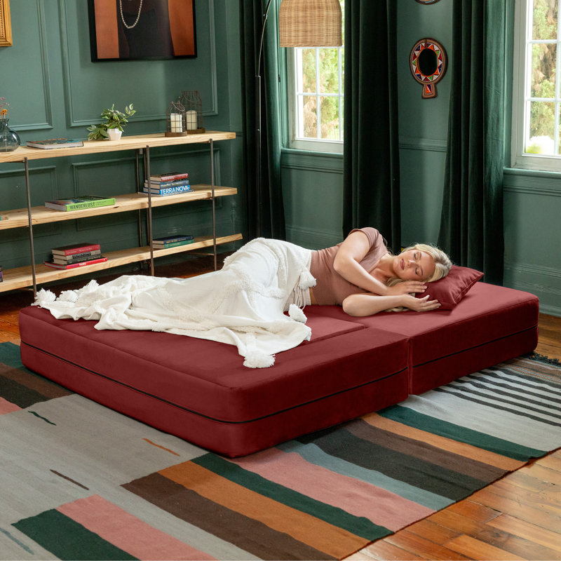 Shontae Zipline Convertible Compression Sleeper Loveseat, Ottomans & Pillows, Textured Microvelvet, Berry Red