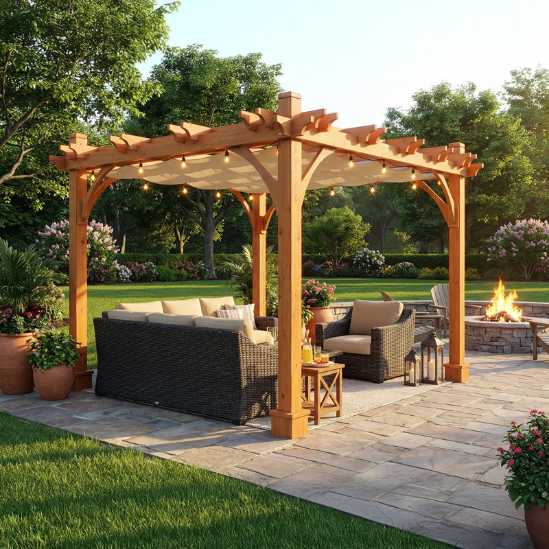 8 ft. W x 12 ft. D Breeze Solid Cedar Wood Pergola with Retractable Canopy, Brown, 8 ft. W x 12 ft. D