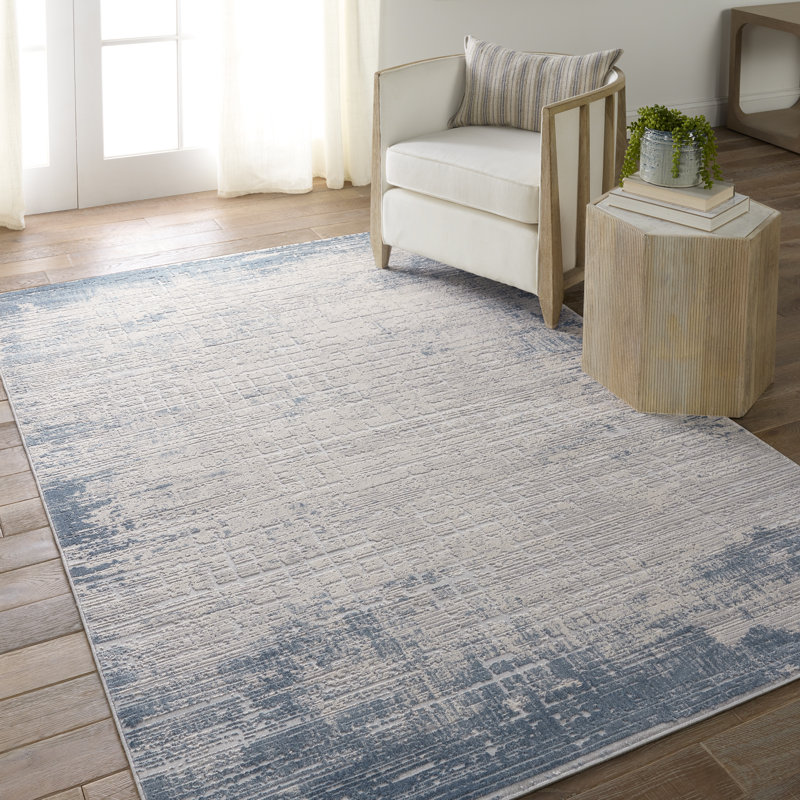 Tapis en polypropylène / polyester abstrait tissé à la machine en crème / bleu, Rectangle 10 pi x 14 pi