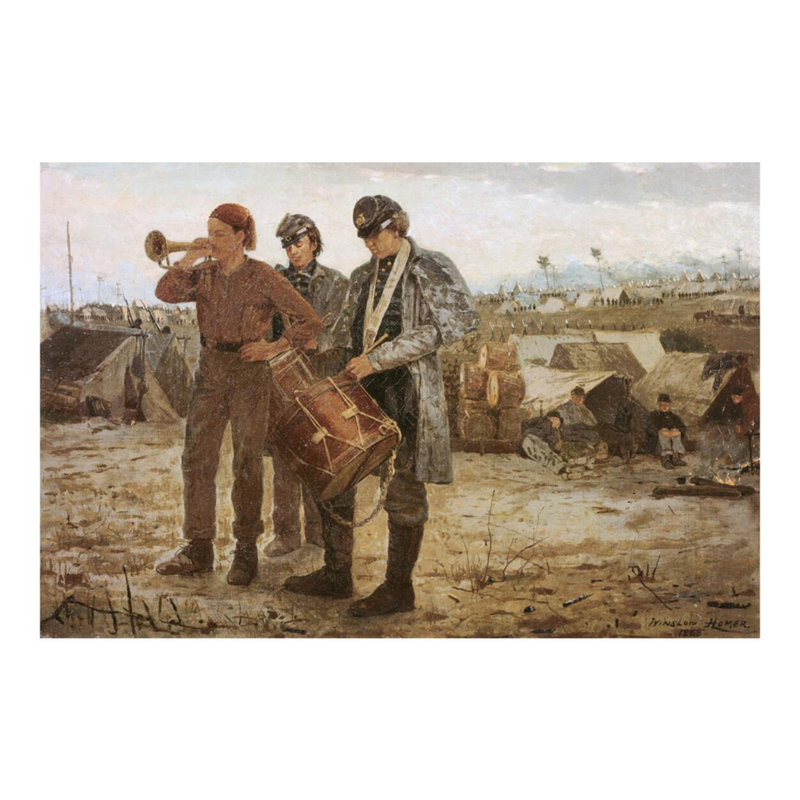 Drum and Bugle Corp, guerre civile, campement par Winslow Homer - estampe numérique, H 16 po x l 20 po
