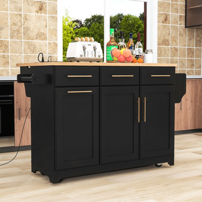 Îlot de cuisine roulant avec abattant, armoire à poubelle, armoire coulissante et prise de courant