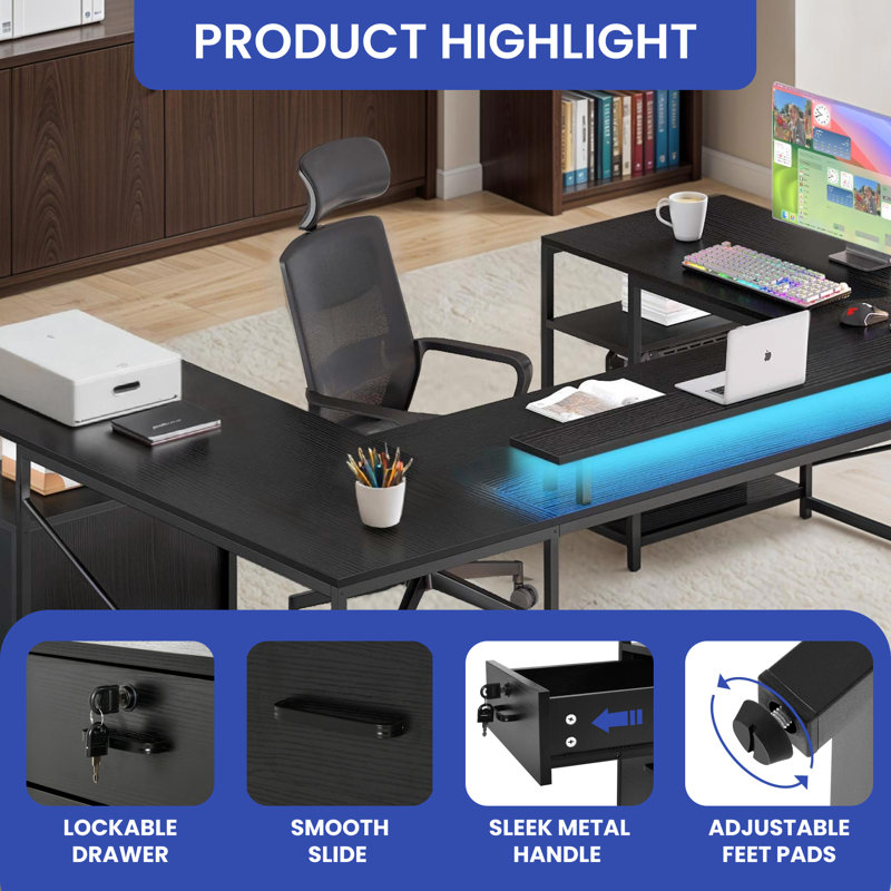 Lannes U-Shaped Metal Base Computer Desk with Power Outlet, Black