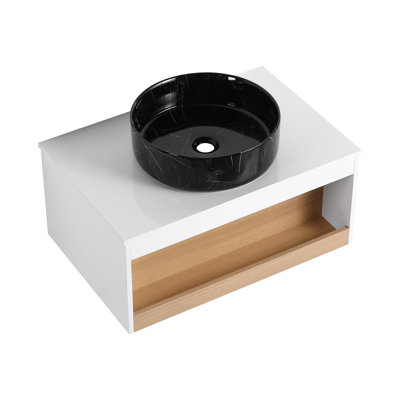 Floating Bathroom Vanity with Marble Vein Vessel Sink, Wall-Mounted Vanity with Open Shelf Storage, with Wood Accent, Space-Saving Modern Design